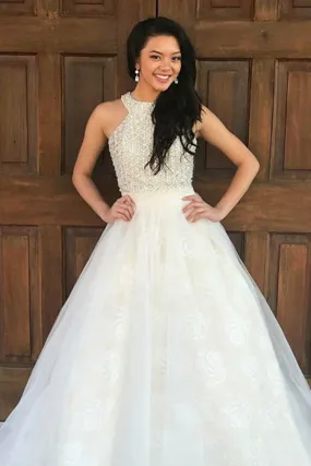 A-Line Crew Sweep Train White Tulle Sleeveless Prom Dress with Beading Lace LRA165