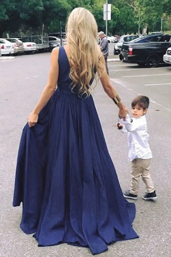 A-Line Deep V-Neck Sweep Train Royal Blue Chiffon Backless Prom Dress LR288