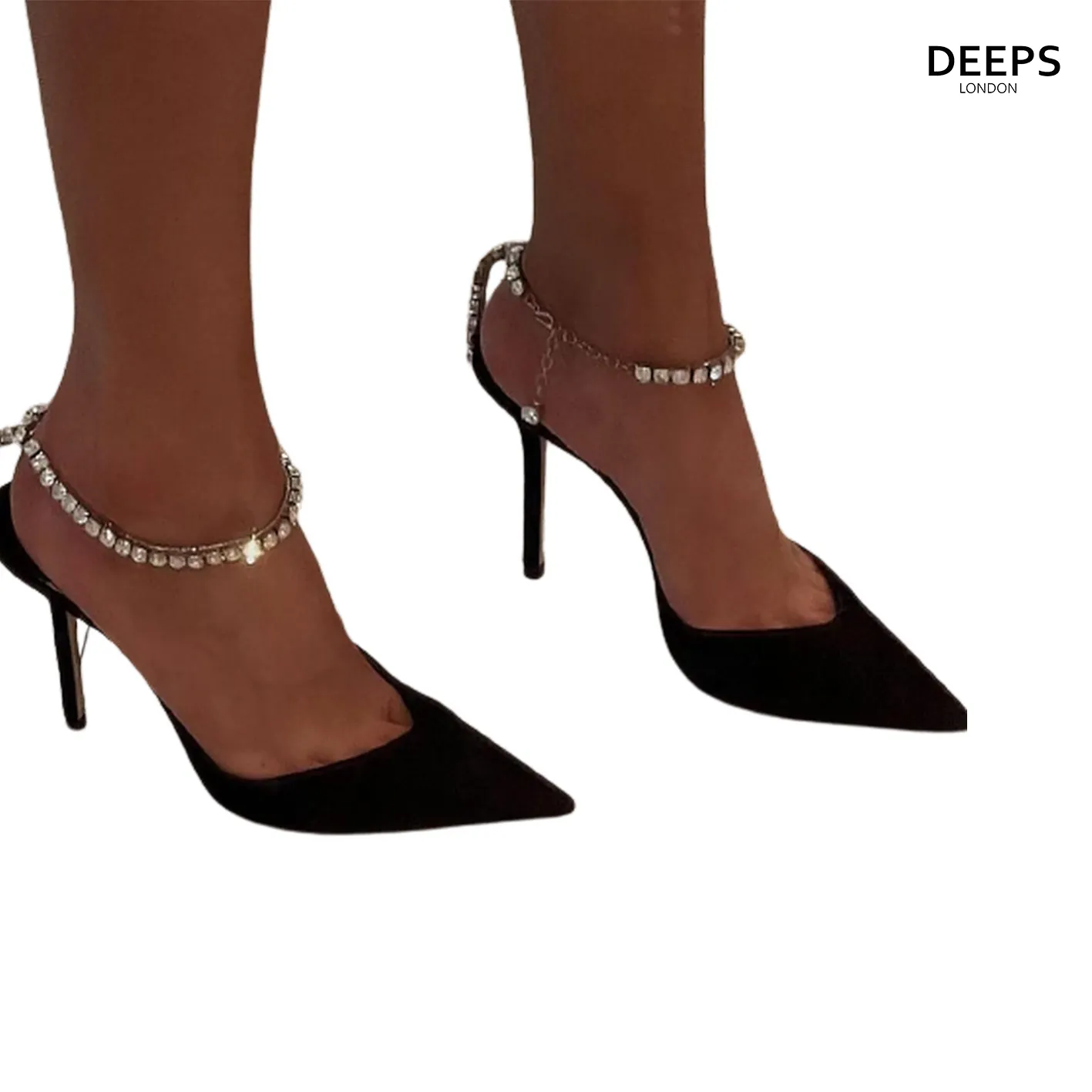 ANDREA WOMEN'S SATIN DIAMANTE ANKLE CHAIN COURT SHOES BLACK