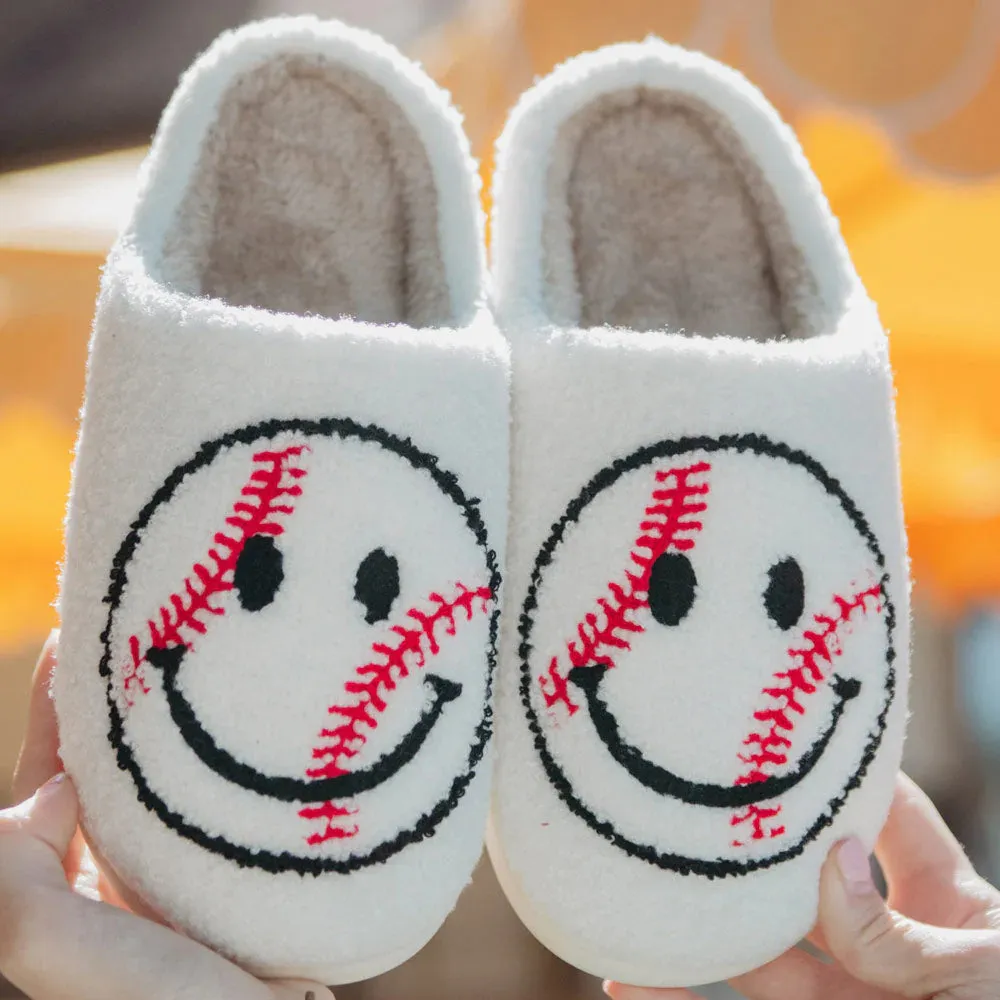 BASEBALL HAPPY FACE SLIPPERS - WHITE