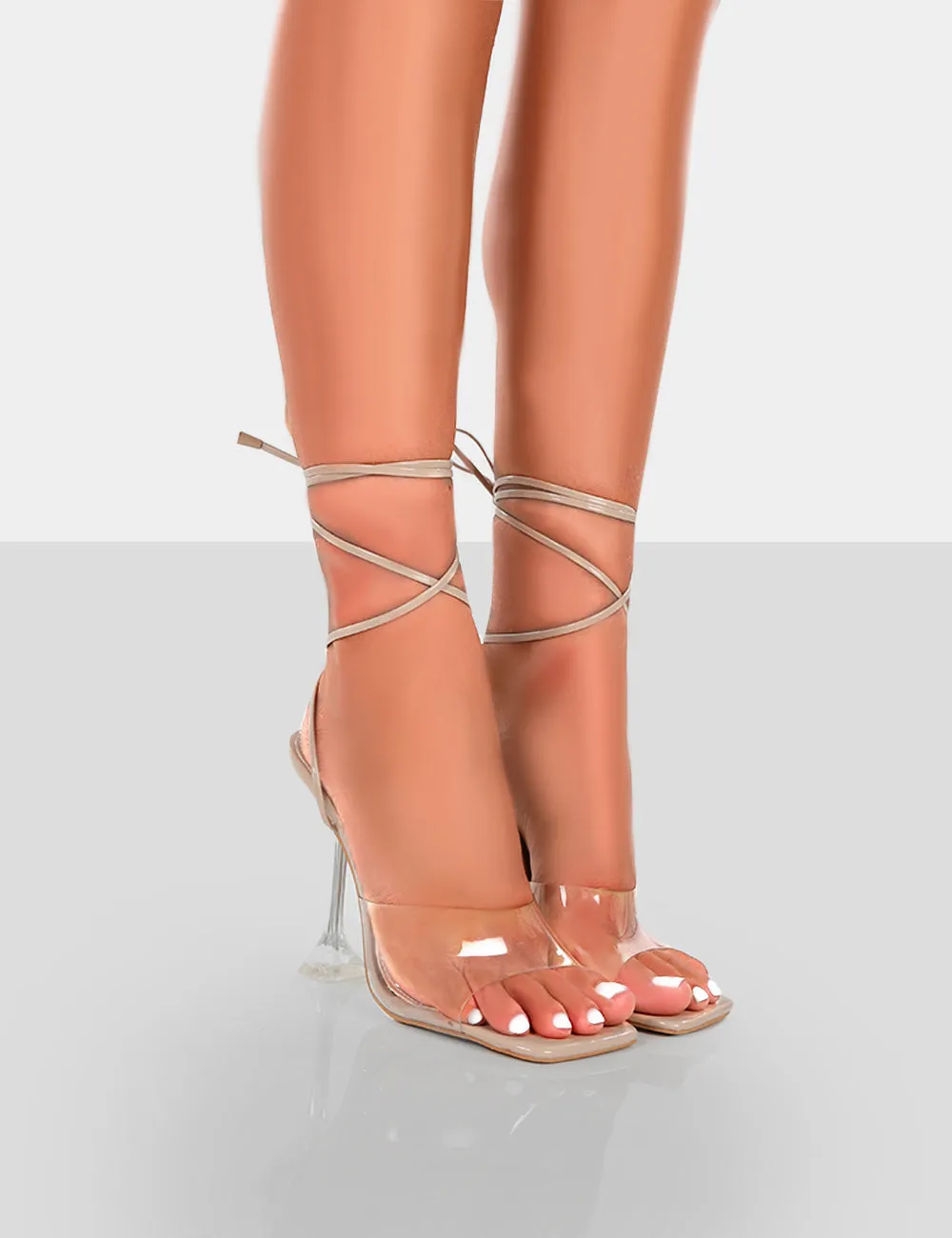 Bly Nude Patent Perspex Cake Stand Lace Up Square Toe Heels