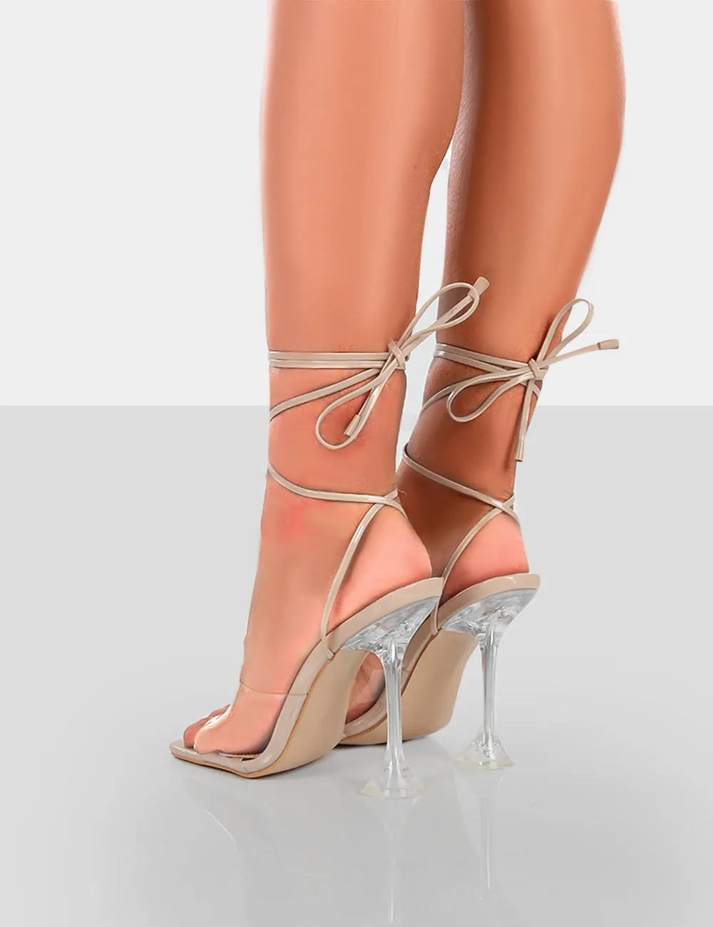 Bly Nude Patent Perspex Cake Stand Lace Up Square Toe Heels