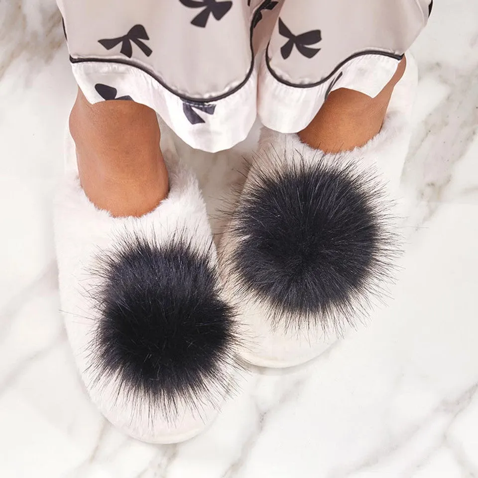 Ivory and Black Plush Pom Slipper