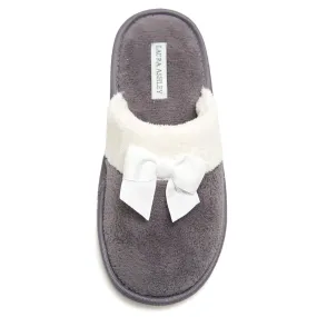 Laura Ashley Ladies Terry Scuff Slipper with Bow, Grey