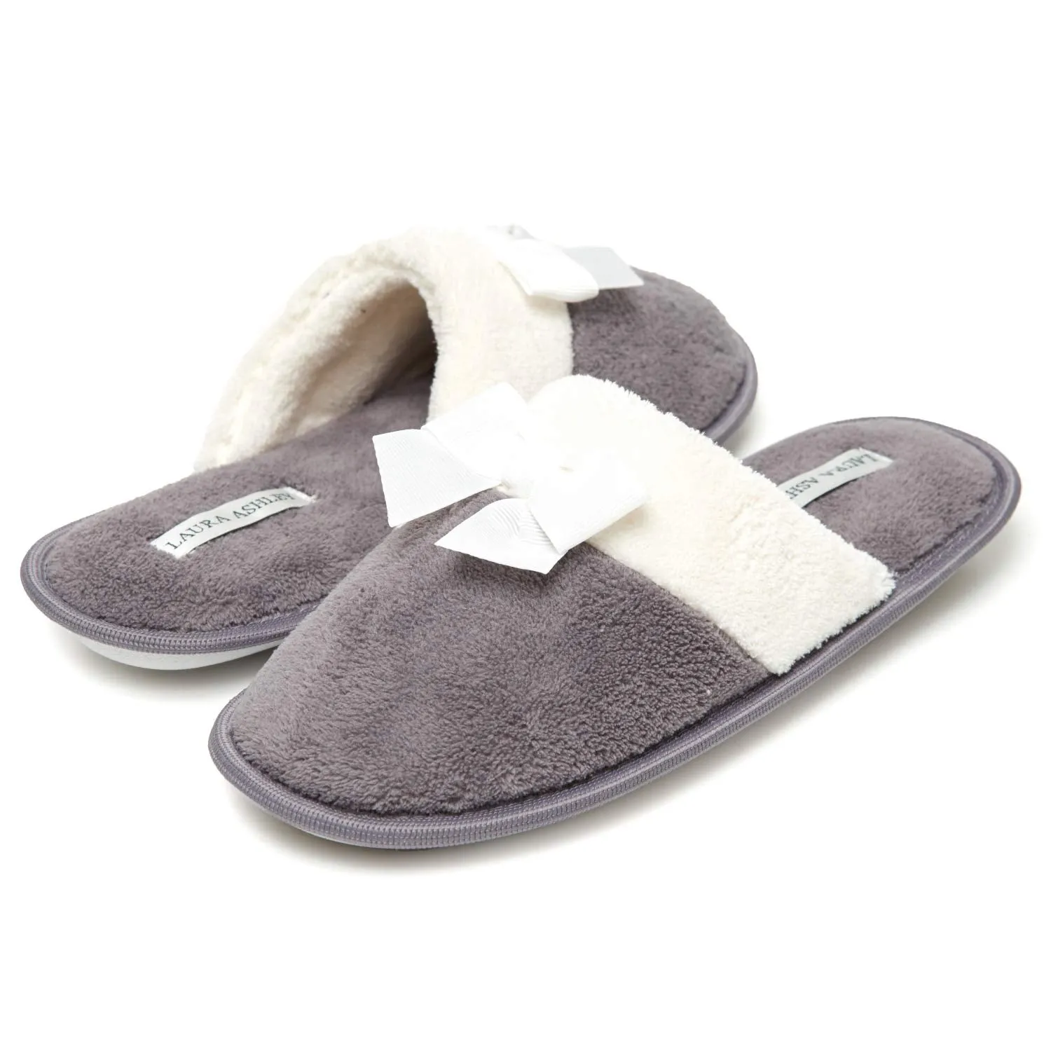 Laura Ashley Ladies Terry Scuff Slipper with Bow, Grey