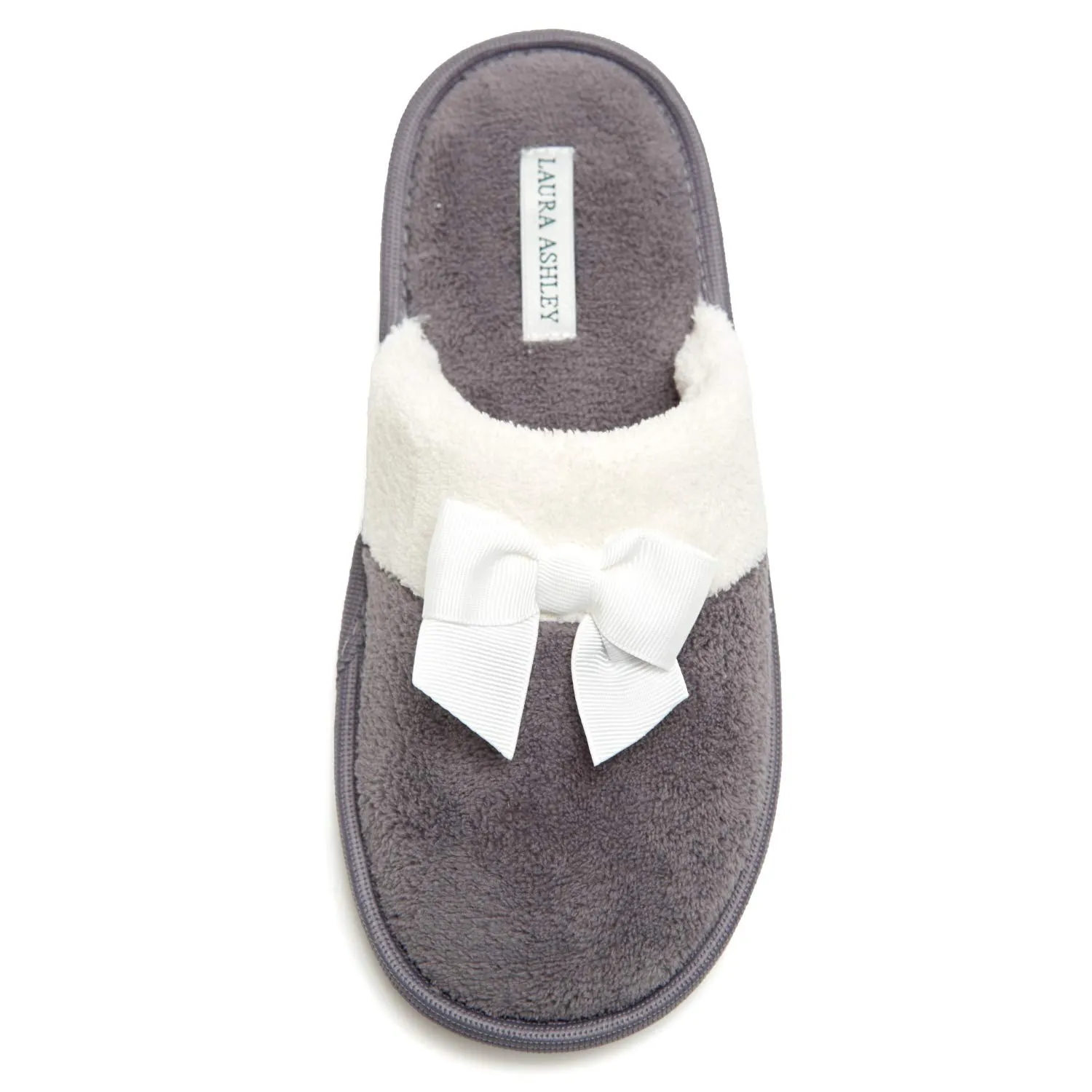 Laura Ashley Ladies Terry Scuff Slipper with Bow, Grey