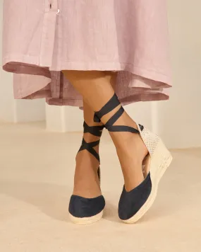 Soft Suede Low Wedge Espadrilles - M15WL - Hamptons Patriot Blue