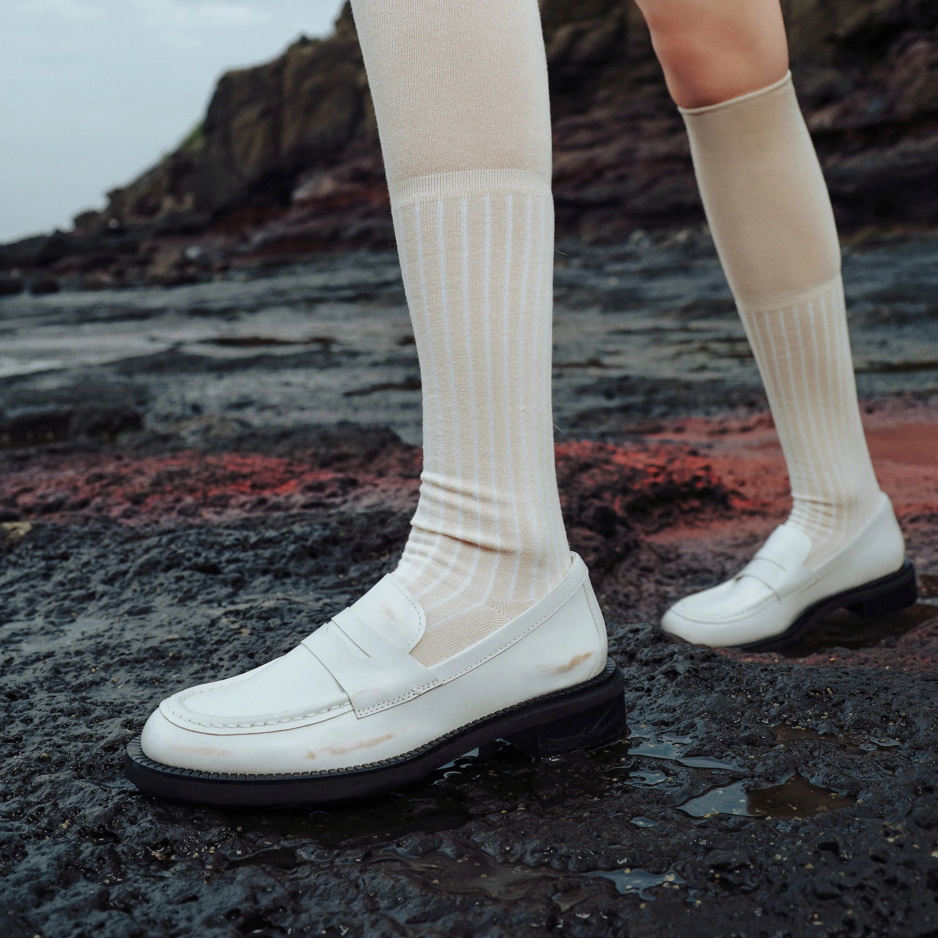 White Brushed Boxy Penny Loafers